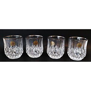 4 Cristal D' Arques Glasses Longchamp Lowball Rocks Diamond Cut Silver Rim